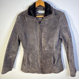 Vintage Chocolate Brown Suede Leather Faux Fur Collar Jacket Size Small